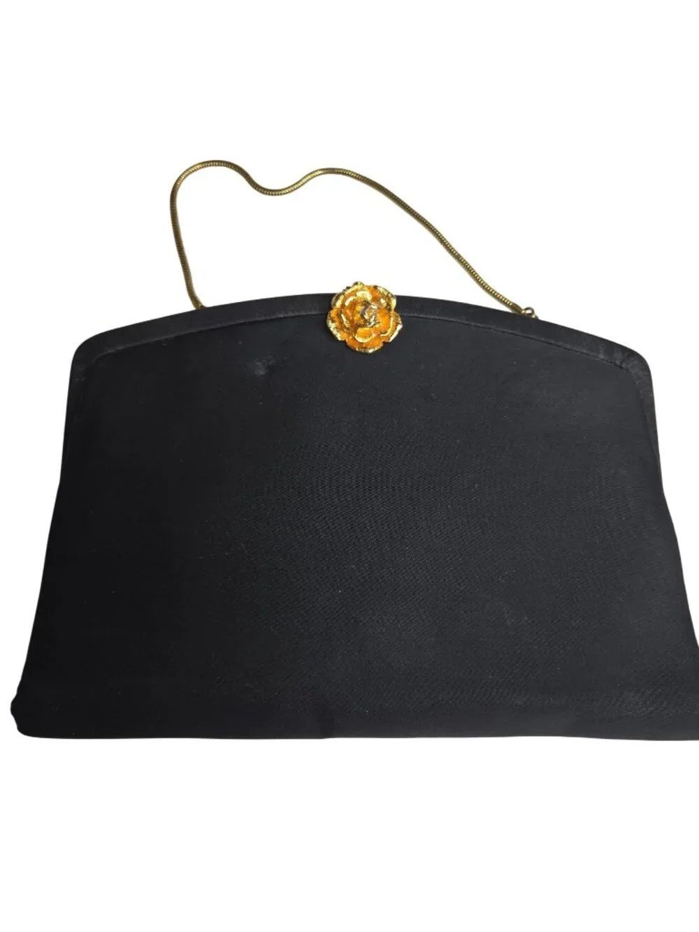Vintage 50s Franklin Simon Black Evening Bag Clutch Purse Gold Rose Clasp Chain